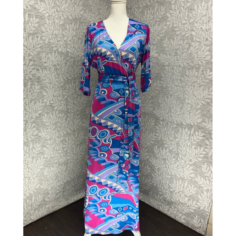 Nikki Poulos Maxi Dress Medium Multi‎ Geo Wrap Boho Euro Summer Retro Dopamine